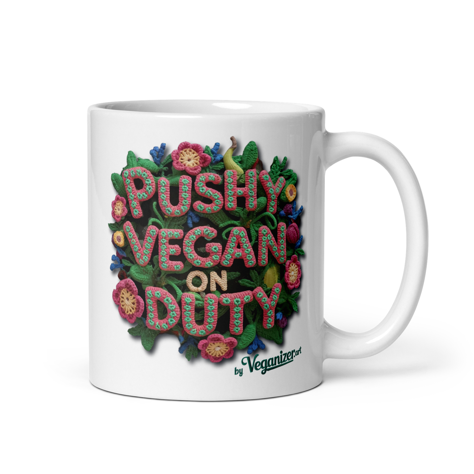 White glossy mug – Pushy Vegan on Duty