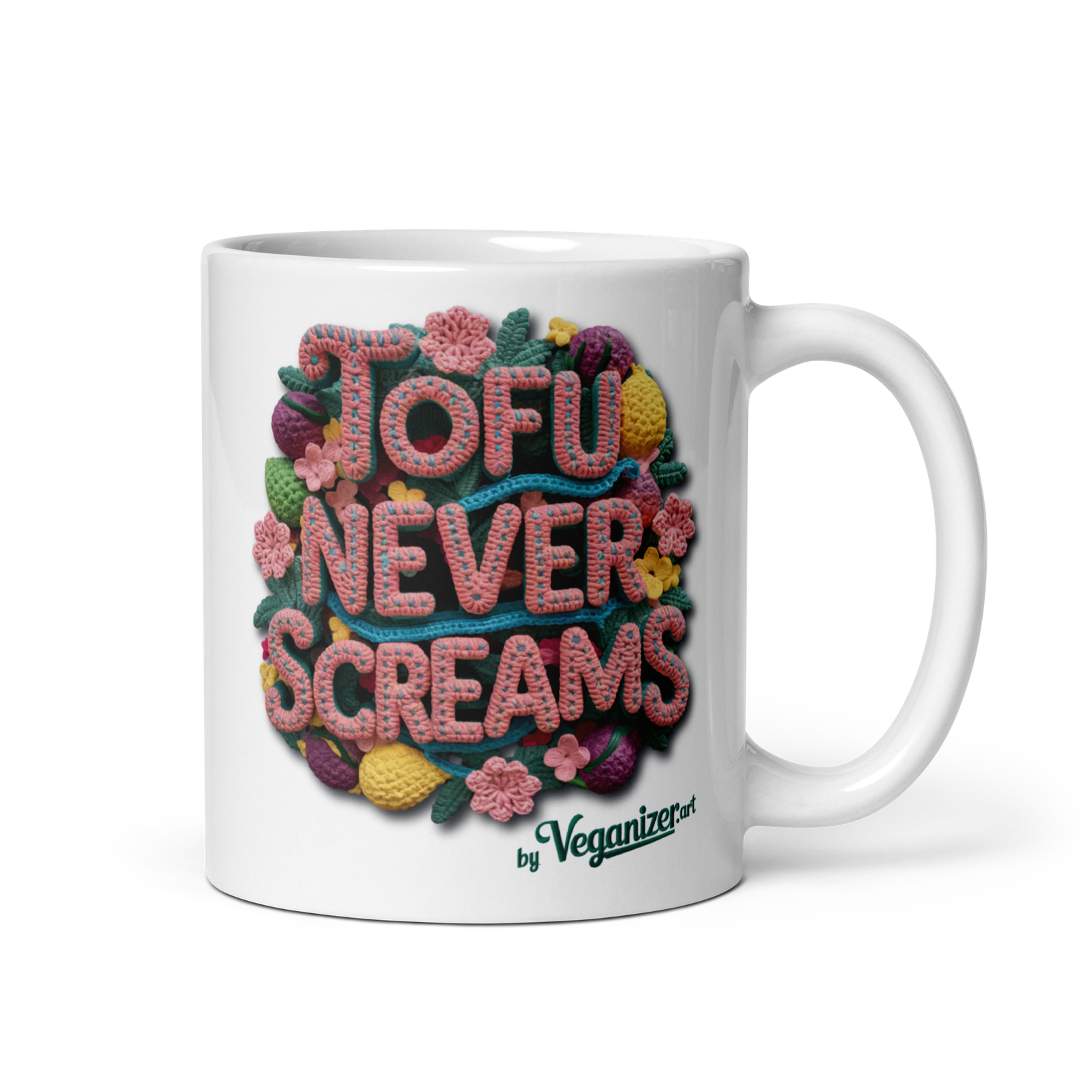 White glossy mug – Tofu never Screams